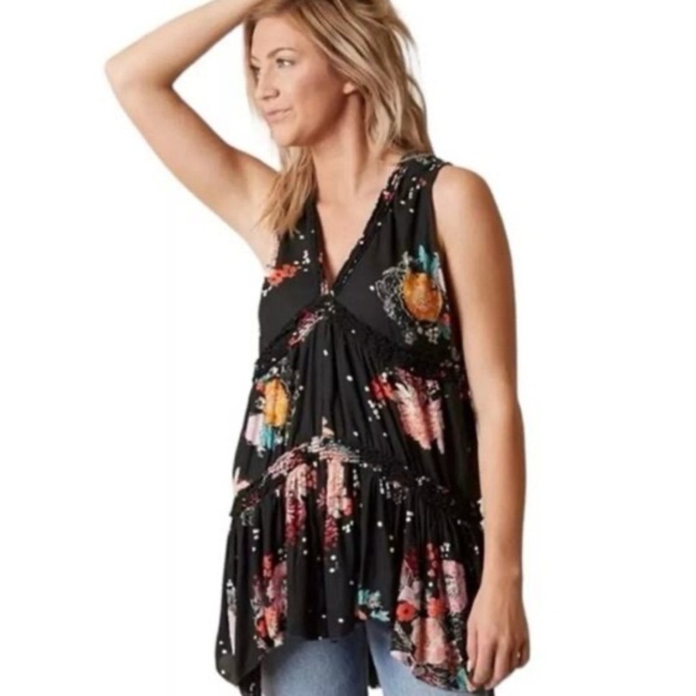 M Free People Purple Haze Floral Tunic Top Sleeveless V-Neck Whimsygoth Boho